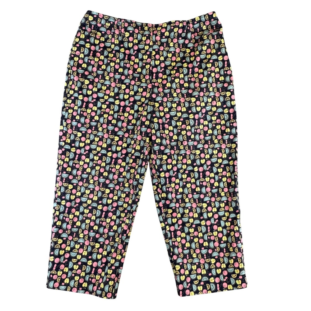 Fruit Print Cropped Pants Navy Watermelon Apple Cherry Citrus Straight Leg 28x18